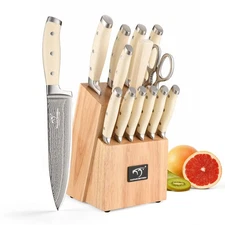 Knife Set, 14 Pieces Damascus Kitchen Knife Set with Block, ABS Ergonomic Han...