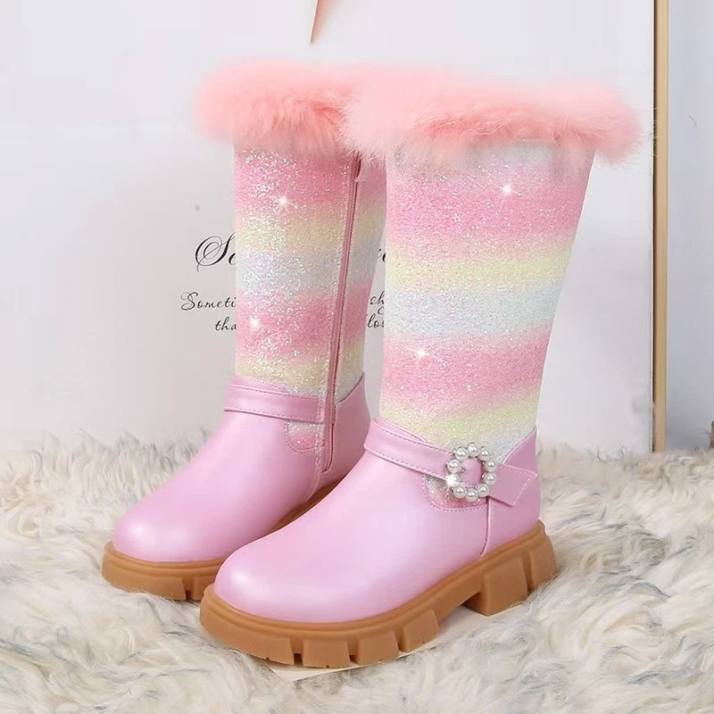 Winter Kids Girls Princess Rainbow Queen Warm Snow Boots Fur Sequin Long boots - Image 3 of 4