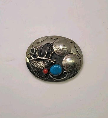 Nickel Silver Buffalo Head Belt Buckle Turquoise Coral w/Coins - Native American Vintage Figural Native American Buffalo Nickels Buckle w  main image 4
