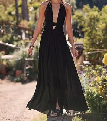 Free People Look Into the Sun Maxi Dress Halter Cutout Smocked Black S 286417