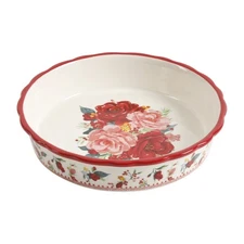 Pioneer Woman Cheerful Rose 9" Pie Pan Red Floral Stoneware Holiday Bakeware New