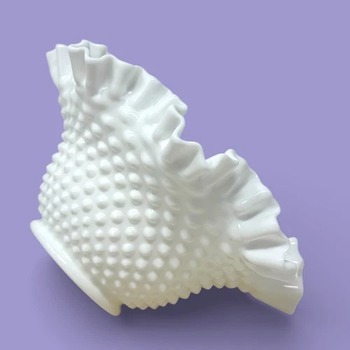 Vintage Fenton Milk Glass Hobnail Bowl Ruffled Edge Collectible Candy Fruit Dish