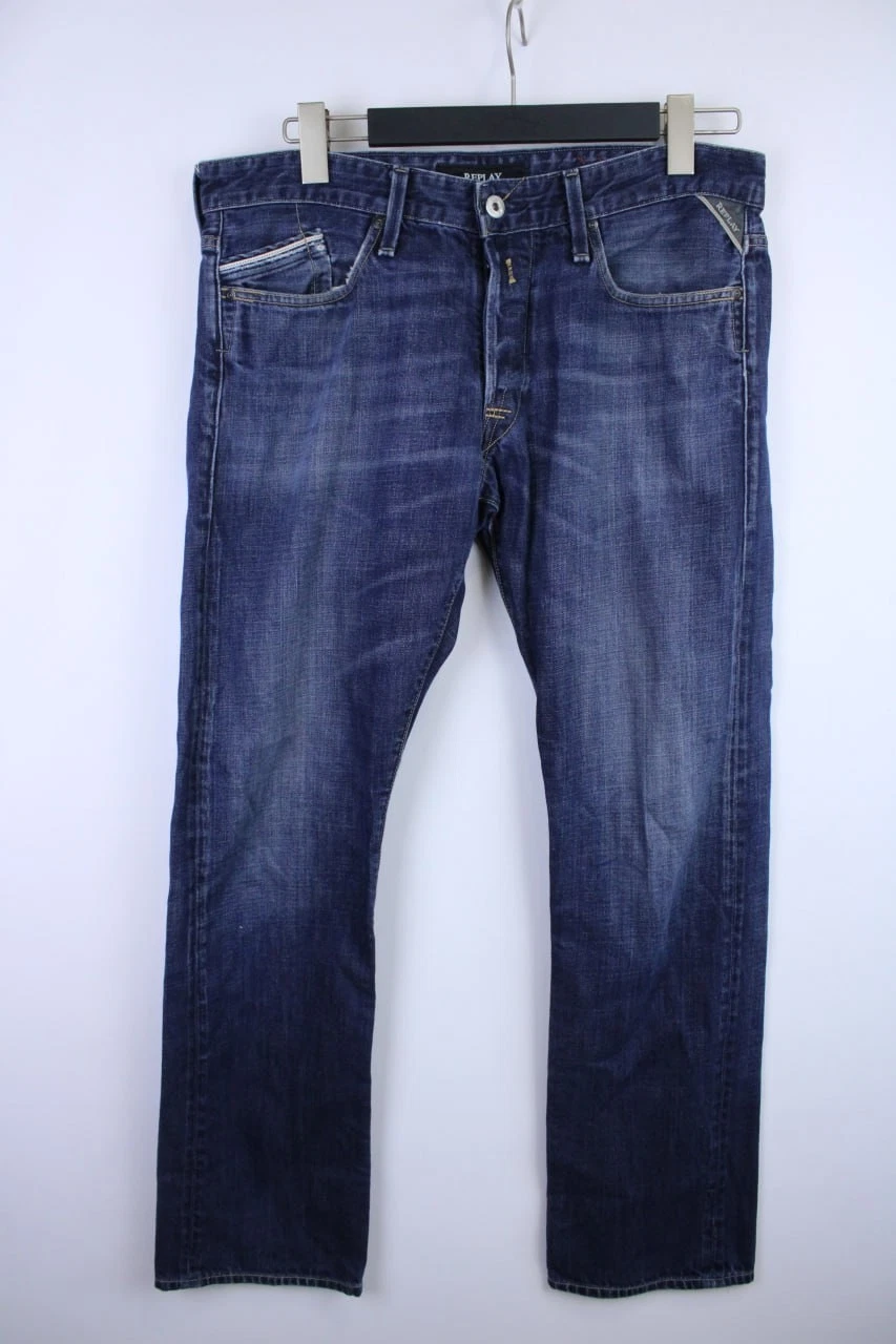 Replay Denim Blue Solid Cotton Button Fly Distressed Five Pocket Jeans Size 34