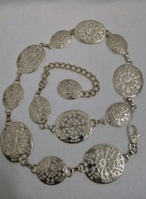 Women's Chain Belt Goldtone Metal Chain With Filigree Discs. Vintage. Adjustable