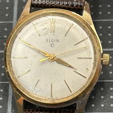 Vintage Elgin Manual Wind Watch Gold Tone Base Metal Bezel Brown Leather Tested