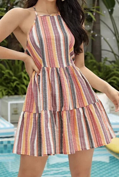 SHEIN striped ruffle hem halter dress Sz Medium | eBay