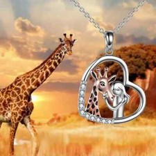 Cute Giraffe Heart Shaped Rhinestone Pendant Necklace Silver Toned Women Girls