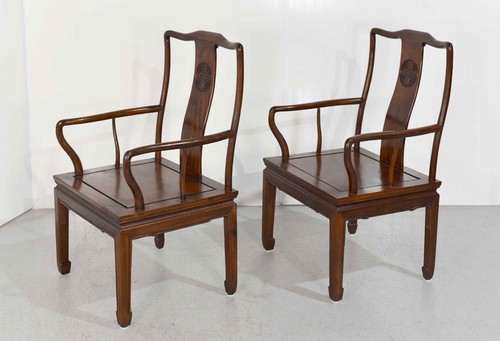 Vintage Chinoiserie Style Prosperity Symbol Carved Wooden Armchair - A Pair - Picture 3 of 14