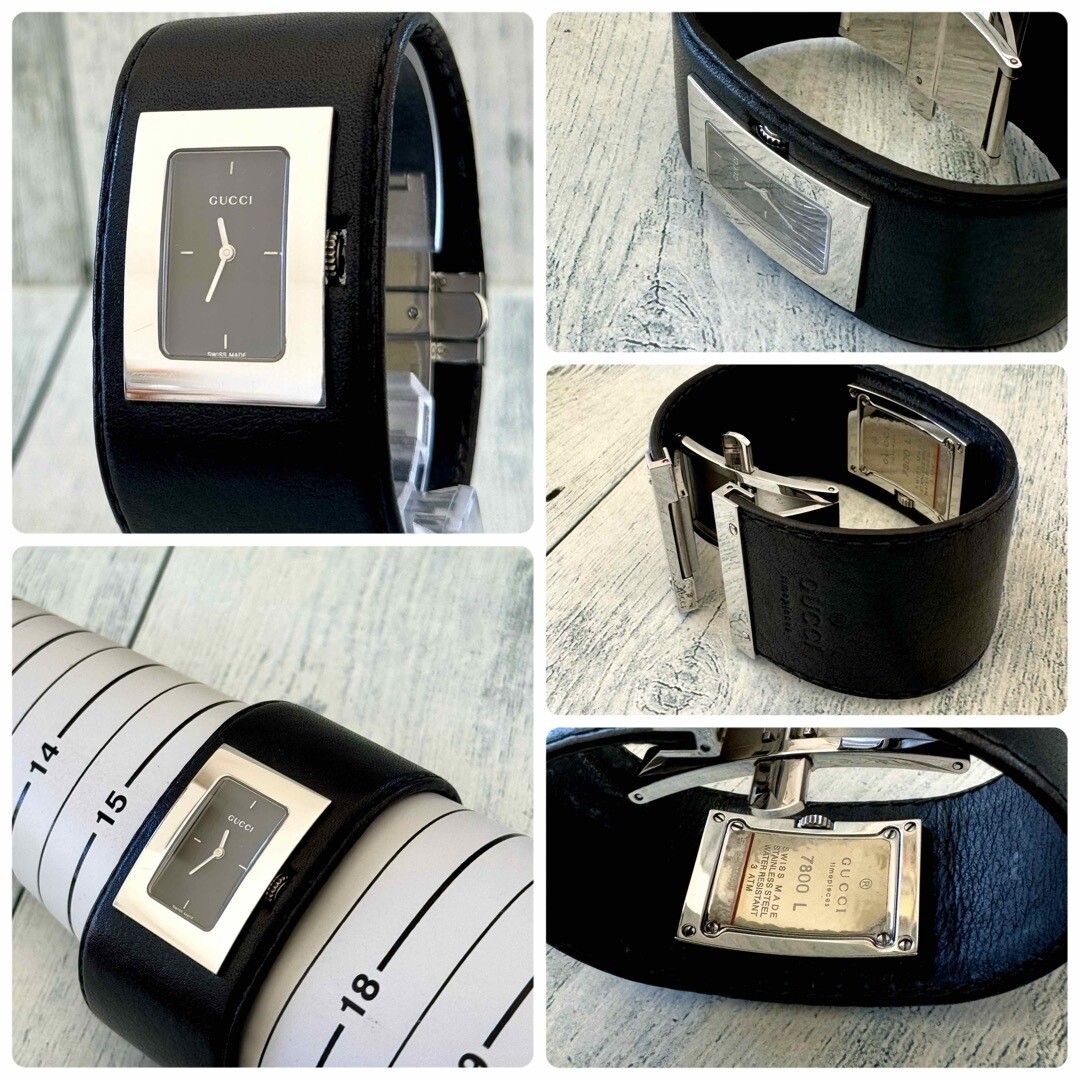 GUCCI 7800L Watch Square Quartz Black Dial Silver Leather GUCCI 7800L Watch Square Quartz Black Dial Silver Leather