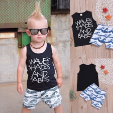 Newborn Toddler Baby Boy Summer Clothes Vest Tops Waves Print Shorts Outfit