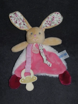 🍀Doudou Plat Lapin BABYNAT BABY'NAT BN610 Poupi Rose Blanc Fleur Attache Tétine - Photo 1/2