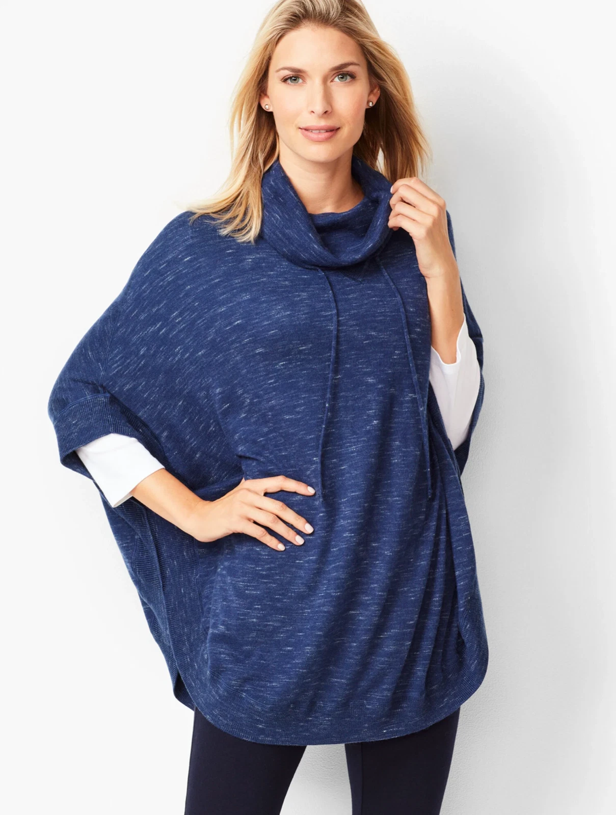 T by Talbots Knit Space-Dyed Poncho Womens XS/S Blue Cowlneck Curved Hem
