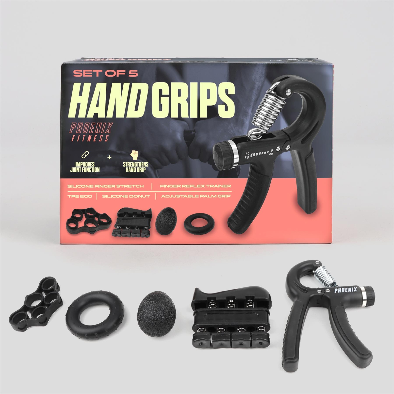 5Pc Hand Grip Strengthener Finger Forearm Exercise Adjustable Resistance Trainer