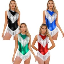 Womens Jumpsuit Dance Costume Shiny Metallic Leotard Festival Unitard Fringed