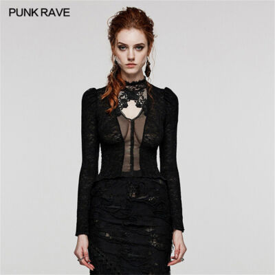 Punk Rave Black Gothic Retro Women Lace T-Shirt Black Slim Fit  Long Sleeve Top