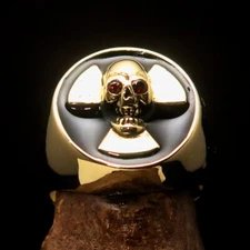 SKULL RING, MENS COSTUME RING, BLACK RADIOACTIVE SYMBOL RING, CZ EYES SIZE 10