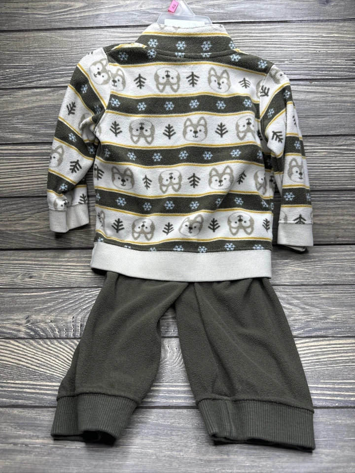Carter’s Verde Marrón Lobos Vellón 2 Piezas Conjunto Suéter Pantalones Talla 18 Mos Foto 2 de 4