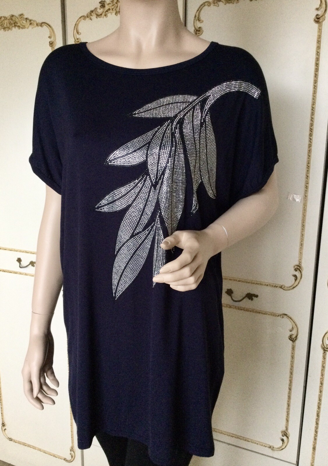 FORESTA BELLA L/XL Oversize Navy Blue Crystal Leaf T Shirt Tunic Top NWT RRP £38 image 2