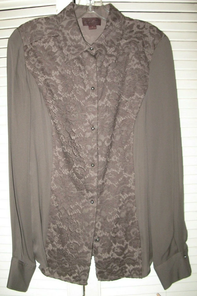 NWT Anne Klein New York $375 Women's Silk/Lace Long Sleeve Blouse, Earth, Sz. 12