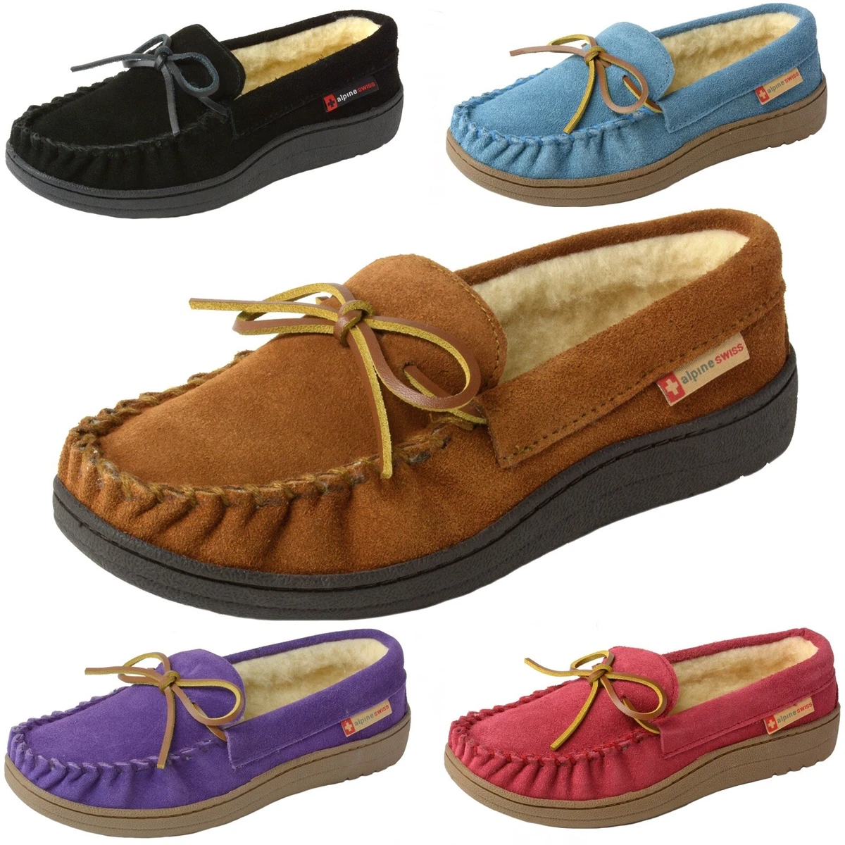 Alpine Swiss Sabine Womens Suede Shearling Moccasin Slippers House