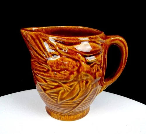 McCoy Pottery Bird & Berries Amber Stoneware 20oz Vintage 5 1/8" Pitcher 1930s