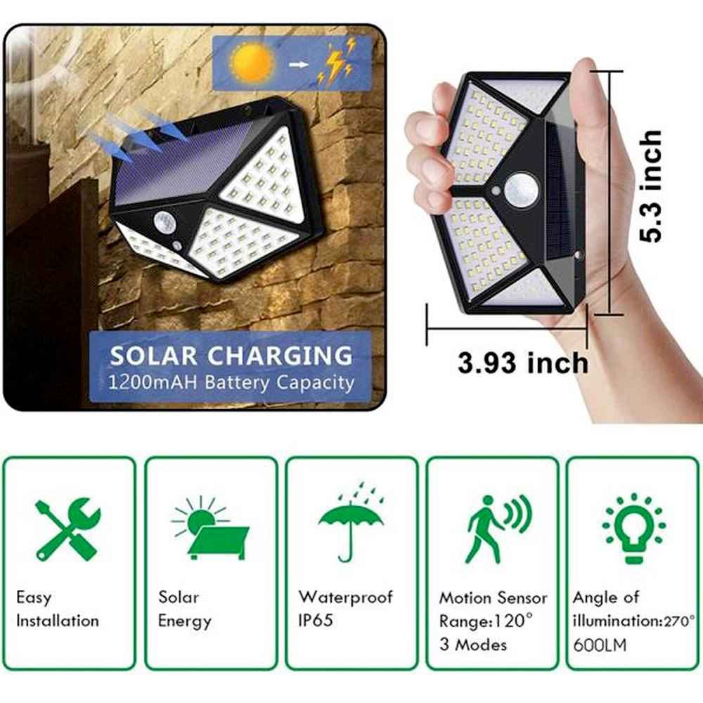 CLAONER 176 LED Solar Wall Light – PIR Motion Sensor – Outdoor Garden Security Lamp – 3000 Lumens – IP65 – 6500K