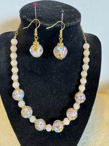 Necklace And Earrings Set Art Glass Beads Pink Multi Color Floral Gold Toned