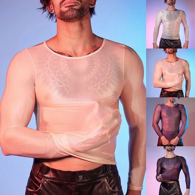 Men's Oil Shiny See Through Long Sleeve Sheer Tights Top Sexy Lingerie Shirt