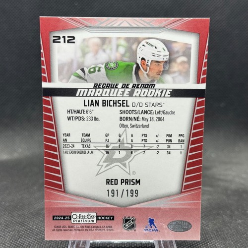 Lian Bichsel 2024-25 O-Pee-Chee Platinum Marquee Rookie Red Prism /199 #212 - Picture 2 of 2