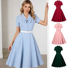 Ladies 40s 50s Vintage Bow Audrey Skater Belt Dress Rockabilly Summer Party Prom