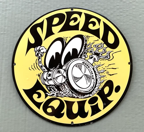 VINTAGE 12" MOON EYES SPEED EQUIP. GASOLINE PORCELAIN PUMP STATION GAS OIL SIGN