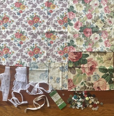 Slow Stitch Vintage Blumen Set Stickerei Spitze Scraps Knöpfe Fäden 100+ Artikel