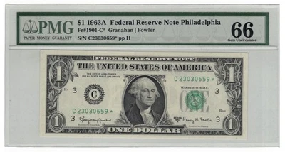 1963A $1 FRN Philadelphia Star PMG 66EPQ Fr#1901-C* C23030658* - Image 1 of 2