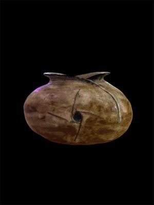 Handmade Soda-fired Studio Pottery Vessel with Incised Four-Directions Design.
