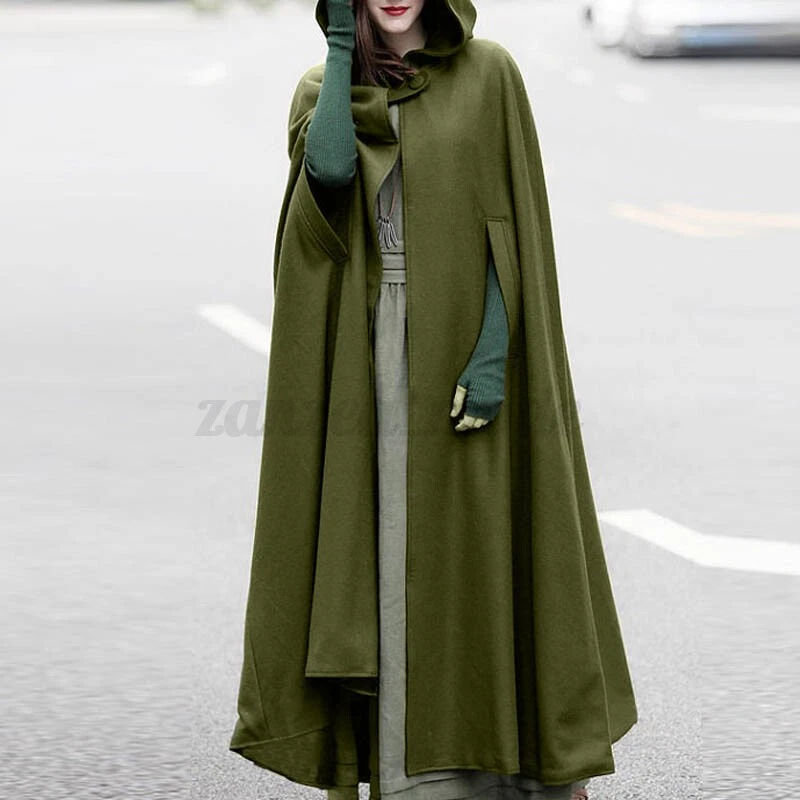 UK Women Hooded Overcoat Long Coat Jacket Cloak Poncho Solid Cape Outerwear Plus - Image 3 of 4