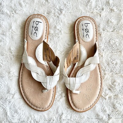 BOC Born Concept Sandals Womens 7 White Beige Leather Thong Braided New *READ*