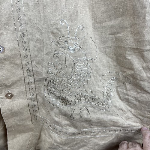 Statements Mens Large Linen Beige Dragon Embroidery Button Up Shirt Boho Asian - Picture 6 of 11