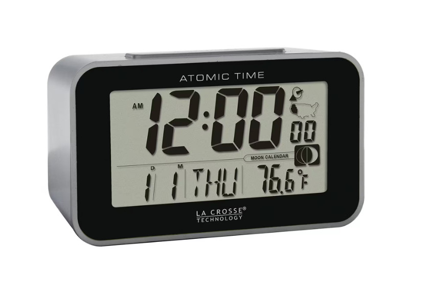 La Crosse Atomic Digital Alarm Clock Indoor Temp Moon Phase Travel Silver