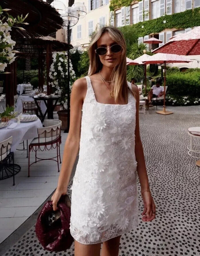 Zara ZW Collection Embroidered Short Dress Floral Oyster White S L