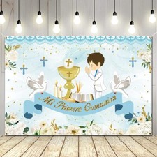 First Communion Backdrop Banner Blue Floral for Boys Baptism Decorations