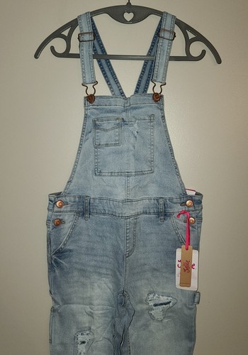 NEW GIRLS JUSTICE DESTROYED DENIM JEAN OVERALLS SIZE 14 SLIM - Picture 2 of 5