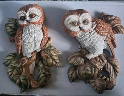 2x Vintage Bossons Chalkware 1965 Eule Eule auf Baum Ast Wandrelief 