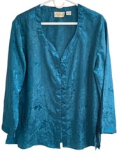 Victorias Secret Gold Label Sleep Shirt Womens Small Teal Blue Satin Pajamas Vtg