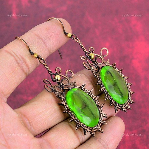 Peridot Gemstone Handcrafted Drop Dangle Wire Wrapped Earrings Jewelry Copper - Picture 5 of 7
