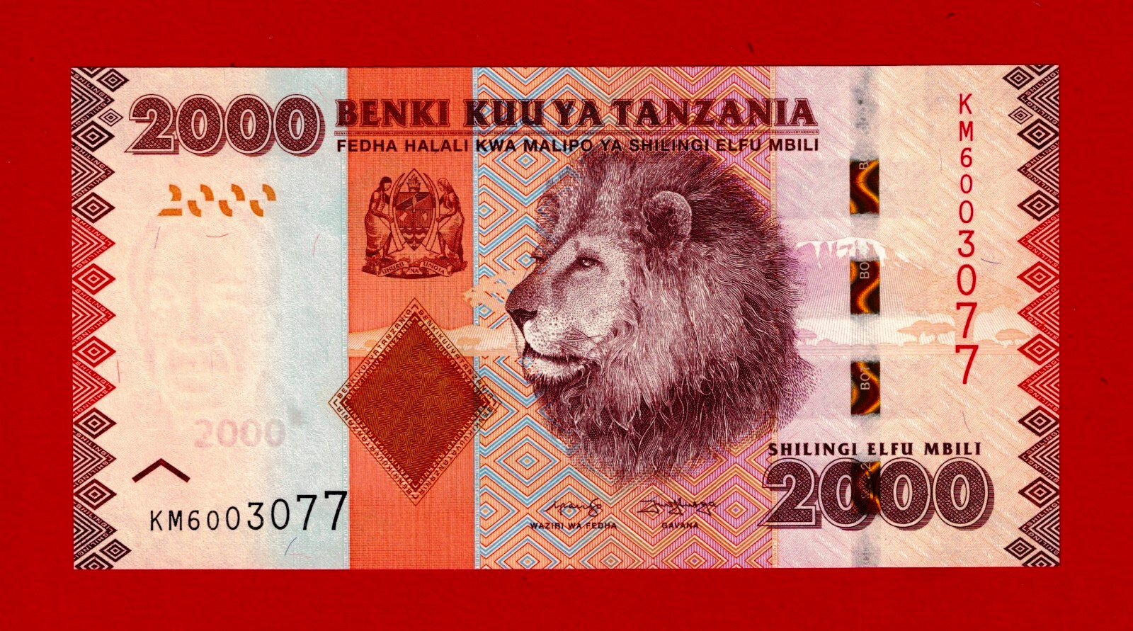 2000 SHILLINGS 2020 TANZANIA UNC NOTE - Sign: P.I.N. Mpango & F. Luoga - (P-43c)