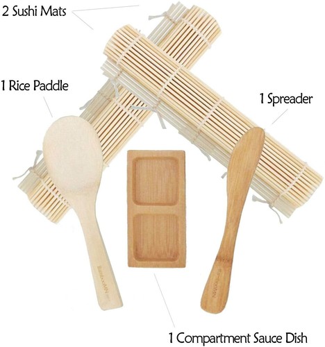 100% Bamboo Sushi Kit 2 Natural Rolling Mats, 1 Rice Paddle, 1 Spreader, 1 dish - Picture 3 of 7