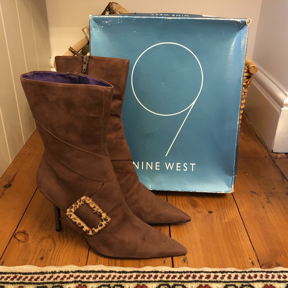 New Nine West Ankle Boots Suede Leather UK EU 42 10W Zip Brown Stiletto  Heel