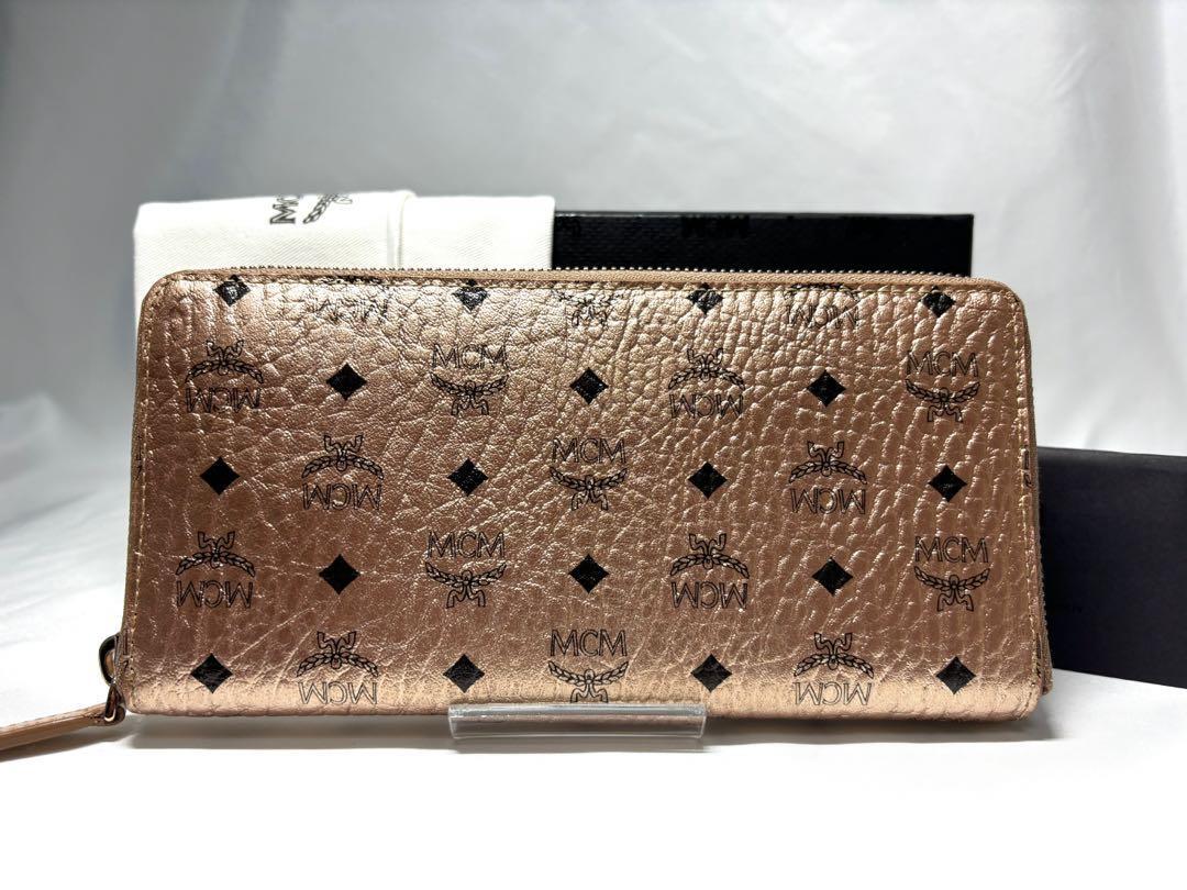 MCM Round Zipper Long Wallet Pink Gold Leather Ladies From Japan