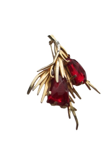 Castlecliff Signed Large Red Rhinestone Flower Brooch - Picture 5 of 7