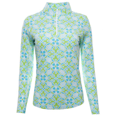 NWT IBKUL MORROCAN TILE Turquoise Lime Long Sleeve Mock Golf Shirt - XL & XXL